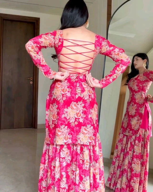 Exclusive Red Georgette Embroidery Work Sharara Suit With Dupatta - M, Red