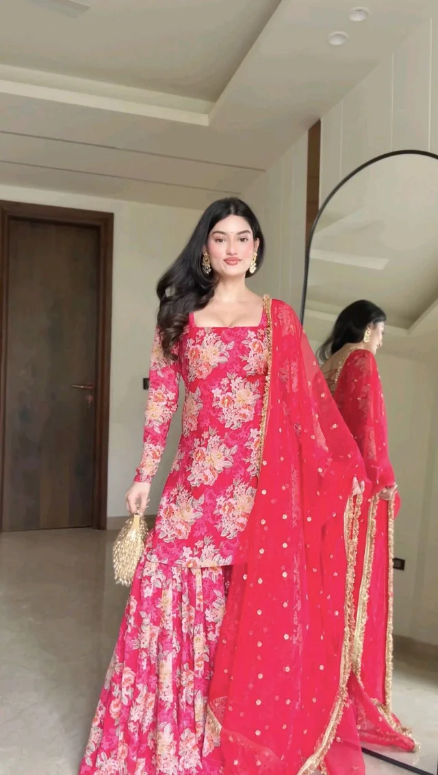 Exclusive Red Georgette Embroidery Work Sharara Suit With Dupatta - XL, Red