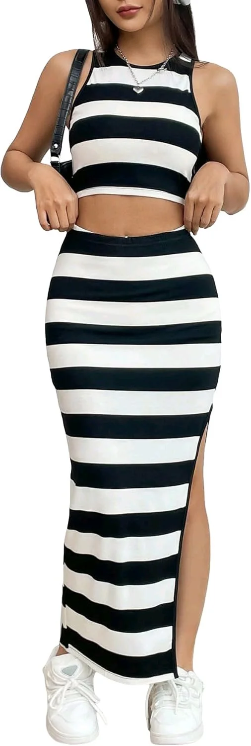Women's 2 Piece Outfits Striped Bodycon Skirt Set Crop Tank Top and Split Thigh Skirt
- White, L