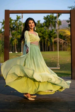 Pastel Olive Lehenga with Jacket - Olive green, L