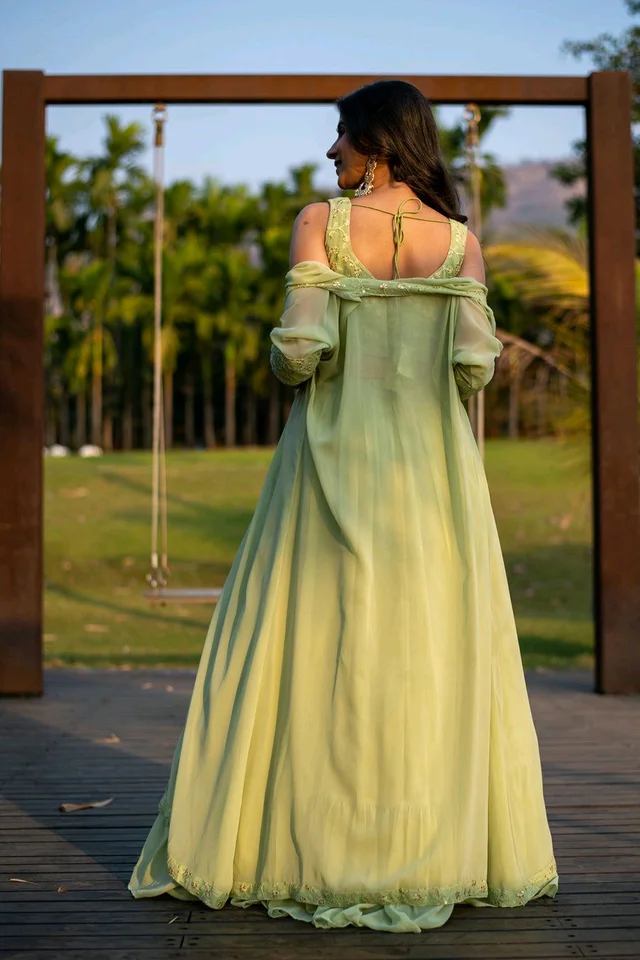 Pastel Olive Lehenga with Jacket - Olive green, L