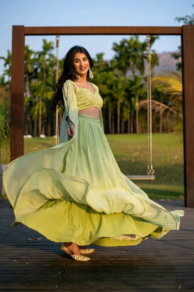 Pastel Olive Lehenga with Jacket - Olive green, M