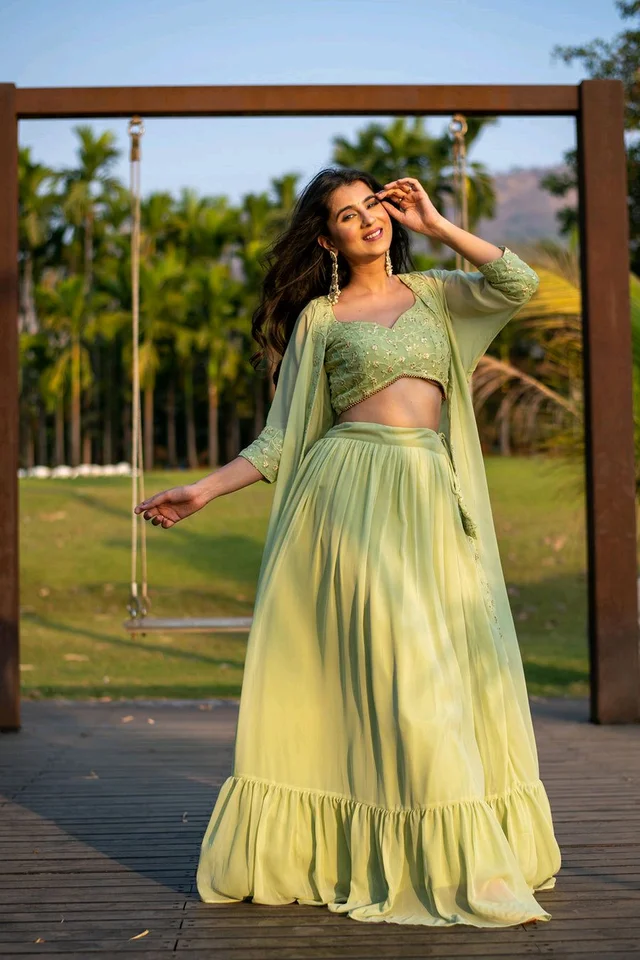 Pastel Olive Lehenga with Jacket - Olive green, S