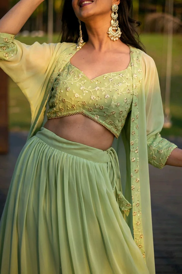 Pastel Olive Lehenga with Jacket - Olive green, S