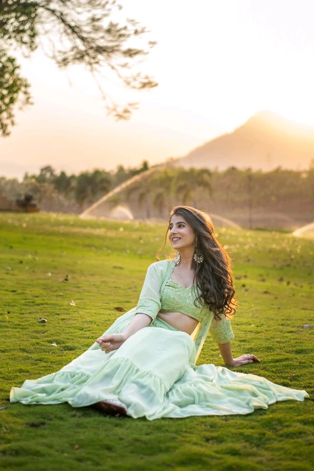 Pastel Olive Lehenga with Jacket - Olive green, S
