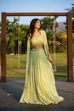 Pastel Olive Lehenga with Jacket - Olive green, XXL