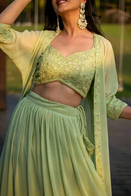 Pastel Olive Lehenga with Jacket - Olive green, XXL