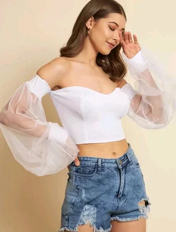 Casual Bishop Sleeve Solid Women White. Top - White, S