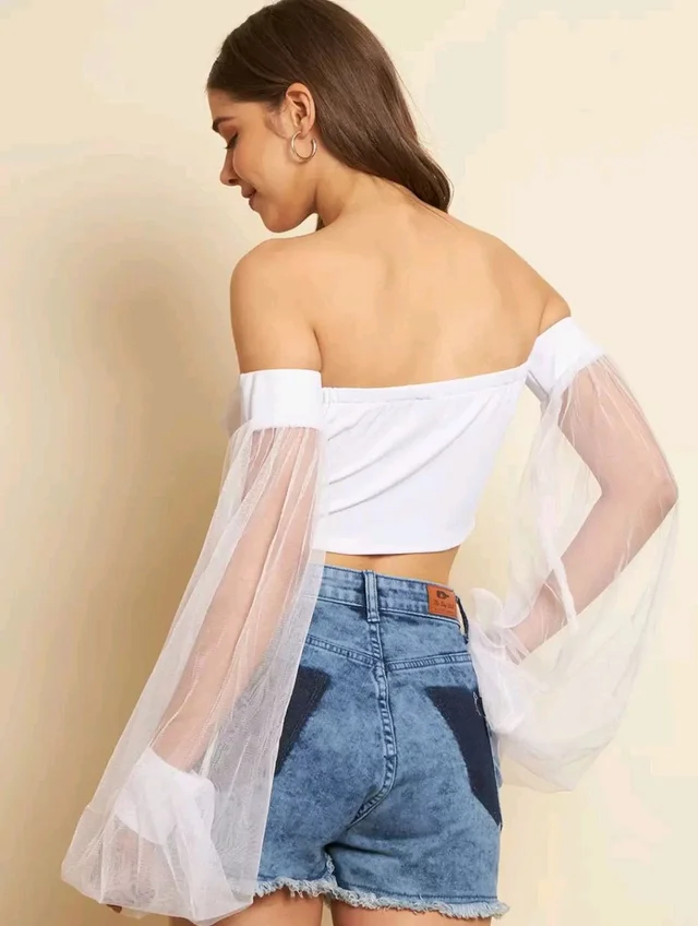 Casual Bishop Sleeve Solid Women White. Top - White, S