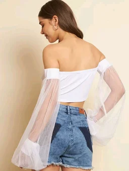 Casual Bishop Sleeve Solid Women White. Top - White, XL