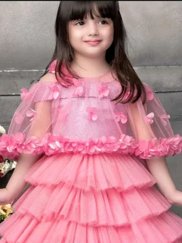 Girls Layered Net Fit & Flare Dress - pink, 3XL 8 To 9 Yrs