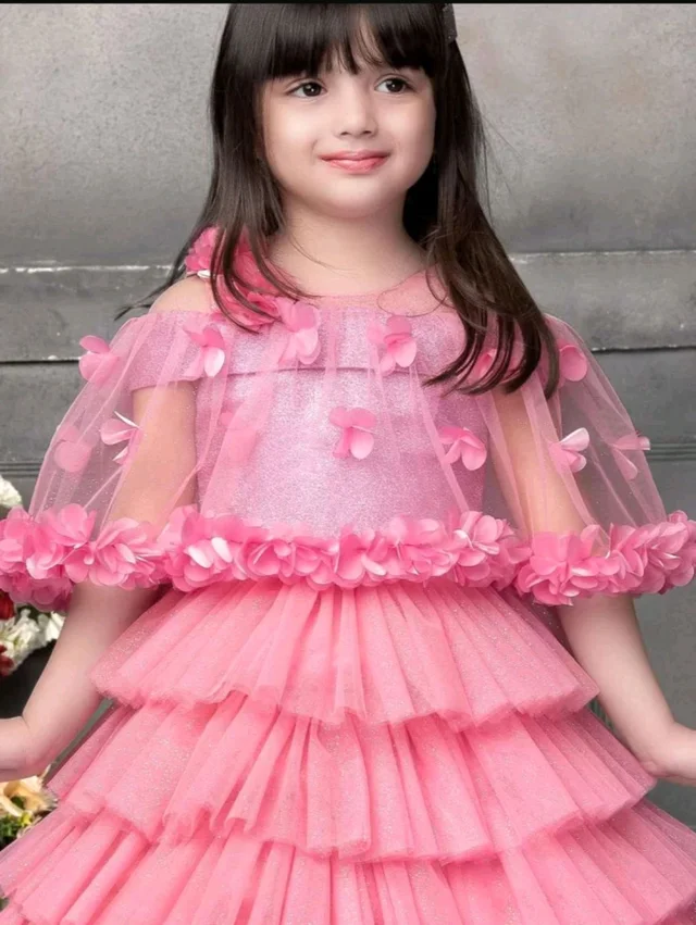 Girls Layered Net Fit & Flare Dress - pink, 3XL 8 To 9 Yrs
