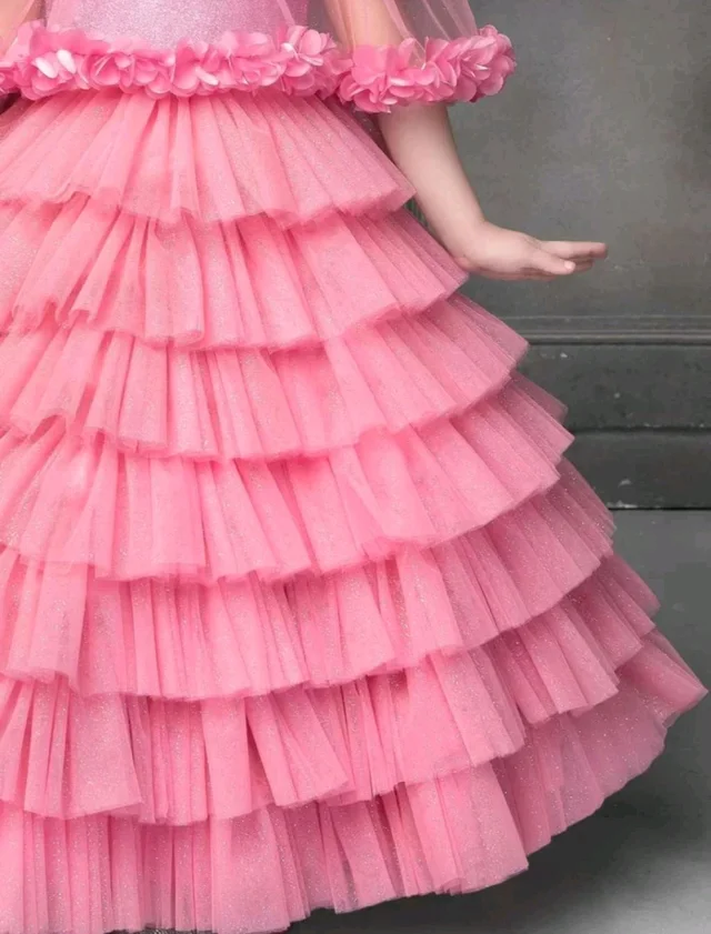 Girls Layered Net Fit & Flare Dress - pink, 3XL 8 To 9 Yrs