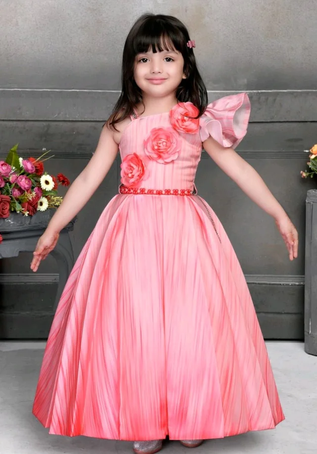 Kids Party Wear Frock* - Pink, M 4 To 5