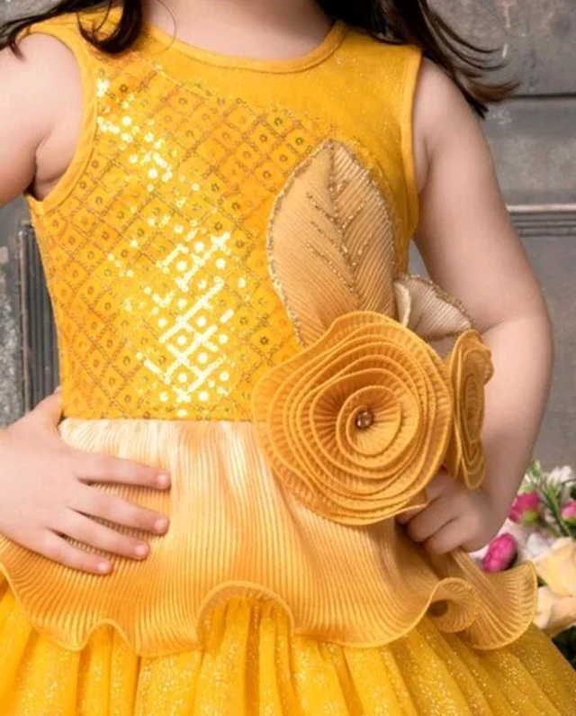 Girls Multilayered Party Wear Gown Dress - Fuel Yellow, XL 7 To 8 Yrs