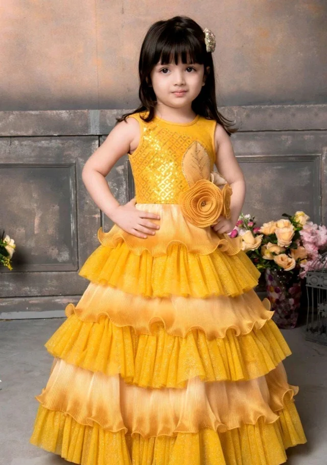 Girls Multilayered Party Wear Gown Dress - Fuel Yellow, XXXL 13 To 14 Yrs