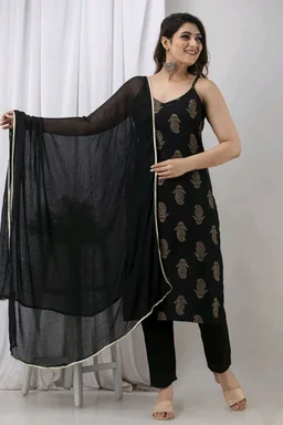 Women's Rayon Beautiful Foil Print Sleeveless Kurta | Comfortable Trendy Kurta Bottom Duppata Set | Eye-Catchy Regular Fit Kurta Set - Black, XL