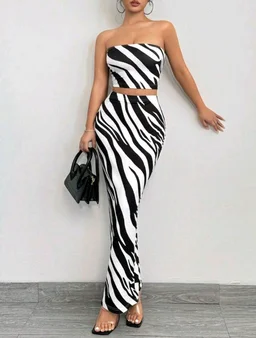 2 piezas Conjunto de top tubo y falda ajustado con estampado de cebra de moda de verano para mujer - Black white, M