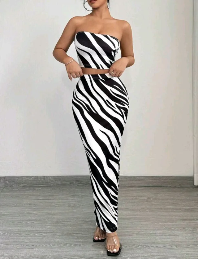 2 piezas Conjunto de top tubo y falda ajustado con estampado de cebra de moda de verano para mujer - Black white, M