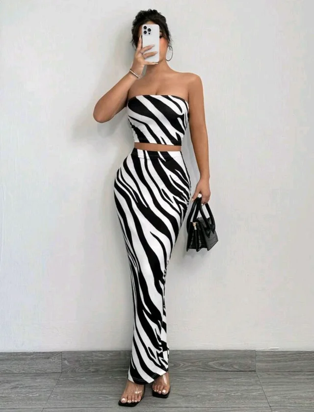 2 piezas Conjunto de top tubo y falda ajustado con estampado de cebra de moda de verano para mujer - Black white, S