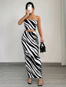 2 piezas Conjunto de top tubo y falda ajustado con estampado de cebra de moda de verano para mujer - Black white, S