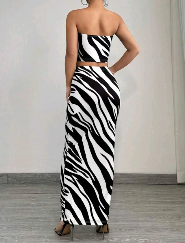 2 piezas Conjunto de top tubo y falda ajustado con estampado de cebra de moda de verano para mujer - Black white, XL
