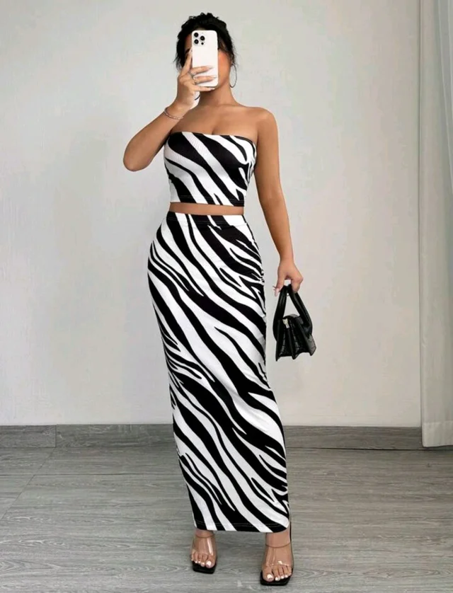 2 piezas Conjunto de top tubo y falda ajustado con estampado de cebra de moda de verano para mujer - Black white, XS