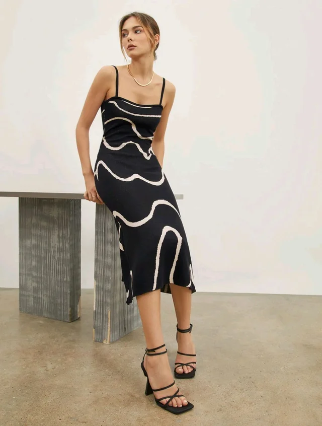 Wavy Print Strap Midi Dress - Black, XXL