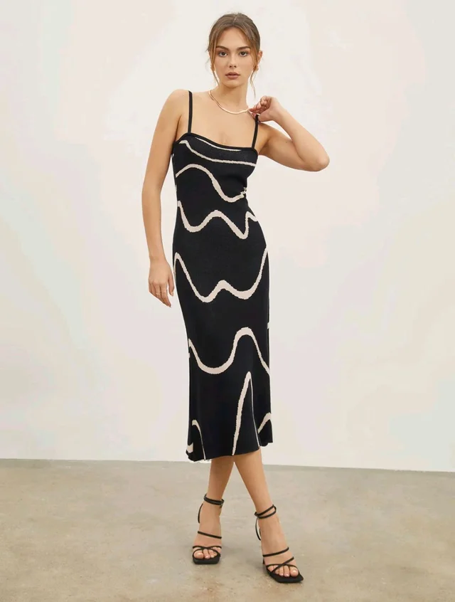 Wavy Print Strap Midi Dress - Black, XXL