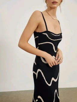 Wavy Print Strap Midi Dress - Black, XXL