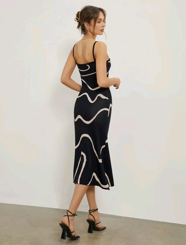 Wavy Print Strap Midi Dress - Black, XXL