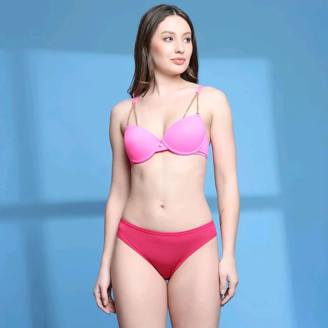 Lightly Padded Underwired Sexy Balconette Bra with Chain Strap Pink - Lavender Rose, 36B