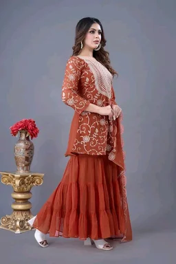 Heavy Georgette Embroidered Top & Sharara Plazo Set – Ready to Wear, Fully Stitched - El Salva, M