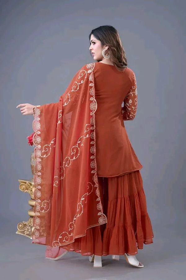 Heavy Georgette Embroidered Top & Sharara Plazo Set – Ready to Wear, Fully Stitched - El Salva, M