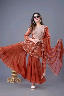 Heavy Georgette Embroidered Top & Sharara Plazo Set – Ready to Wear, Fully Stitched - El Salva, M