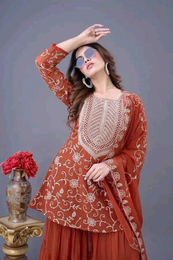 Heavy Georgette Embroidered Top & Sharara Plazo Set – Ready to Wear, Fully Stitched - El Salva, M