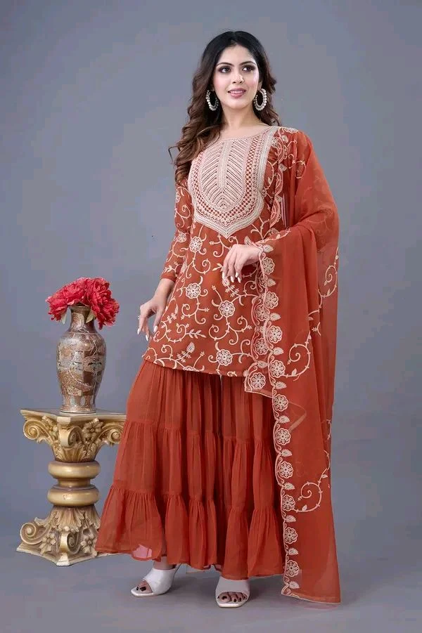 Heavy Georgette Embroidered Top & Sharara Plazo Set – Ready to Wear, Fully Stitched - El Salva, S