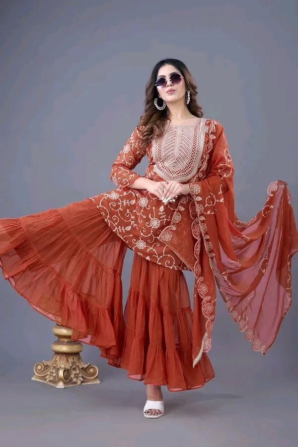 Heavy Georgette Embroidered Top & Sharara Plazo Set – Ready to Wear, Fully Stitched - El Salva, S
