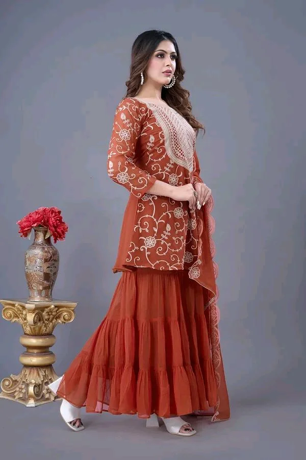 Heavy Georgette Embroidered Top & Sharara Plazo Set – Ready to Wear, Fully Stitched - El Salva, XL