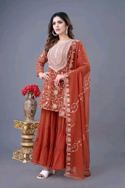 Heavy Georgette Embroidered Top & Sharara Plazo Set – Ready to Wear, Fully Stitched - El Salva, XXL