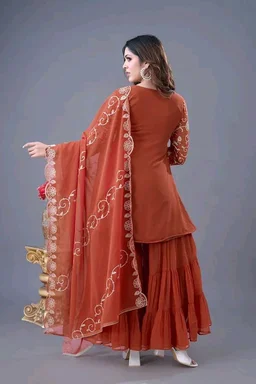 Heavy Georgette Embroidered Top & Sharara Plazo Set – Ready to Wear, Fully Stitched - El Salva, XXL