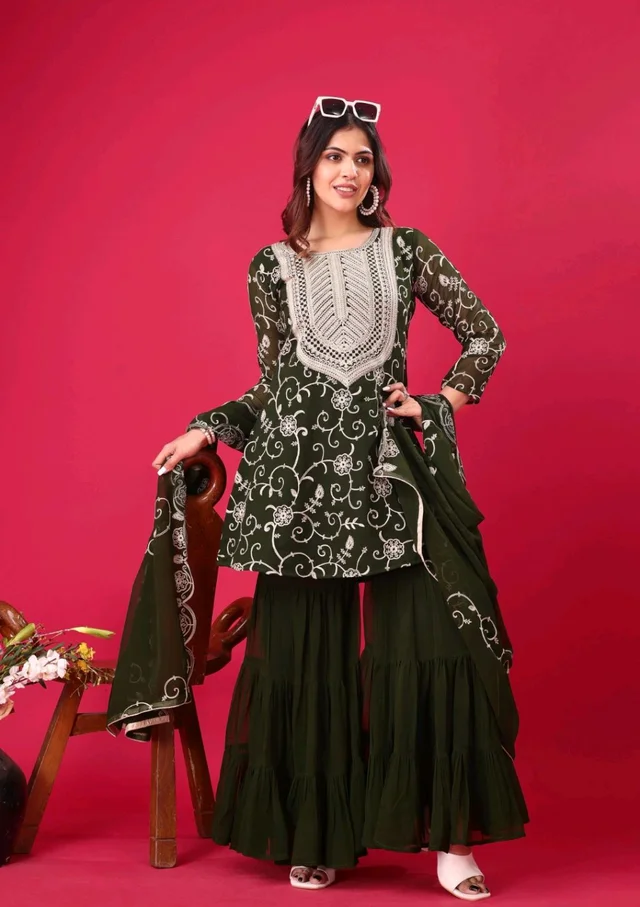 Heavy Georgette Embroidered Top & Sharara Plazo Set – Ready to Wear, Fully Stitched - Rifie Green, L