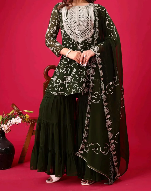 Heavy Georgette Embroidered Top & Sharara Plazo Set – Ready to Wear, Fully Stitched - Rifie Green, L