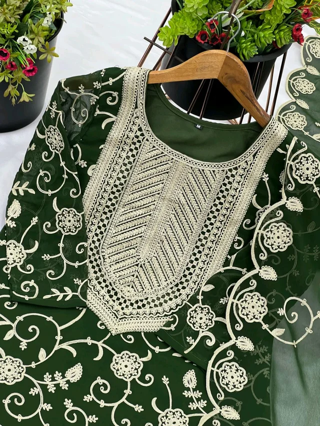 Heavy Georgette Embroidered Top & Sharara Plazo Set – Ready to Wear, Fully Stitched - Rifie Green, L