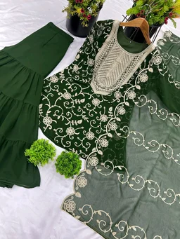 Heavy Georgette Embroidered Top & Sharara Plazo Set – Ready to Wear, Fully Stitched - Rifie Green, L