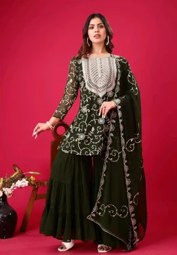 Heavy Georgette Embroidered Top & Sharara Plazo Set – Ready to Wear, Fully Stitched - Rifie Green, S