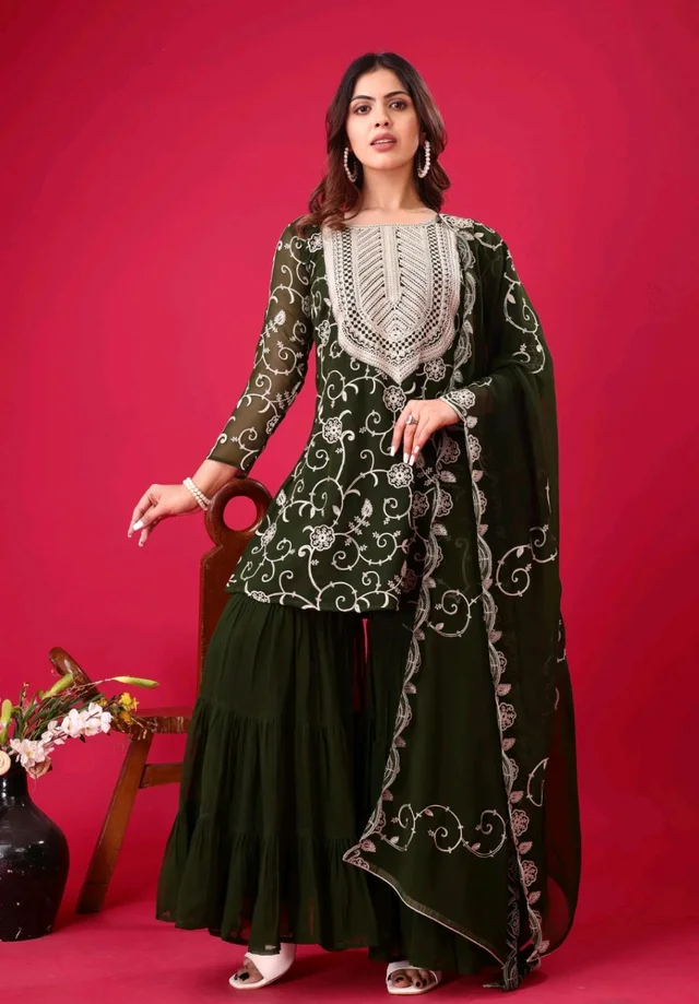 Heavy Georgette Embroidered Top & Sharara Plazo Set – Ready to Wear, Fully Stitched - Rifie Green, S