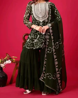 Heavy Georgette Embroidered Top & Sharara Plazo Set – Ready to Wear, Fully Stitched - Rifie Green, S