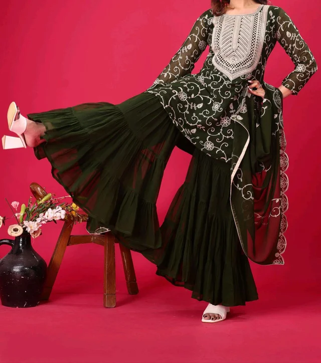 Heavy Georgette Embroidered Top & Sharara Plazo Set – Ready to Wear, Fully Stitched - Rifie Green, XL
