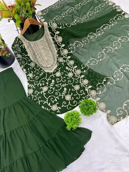 Heavy Georgette Embroidered Top & Sharara Plazo Set – Ready to Wear, Fully Stitched - Rifie Green, XL